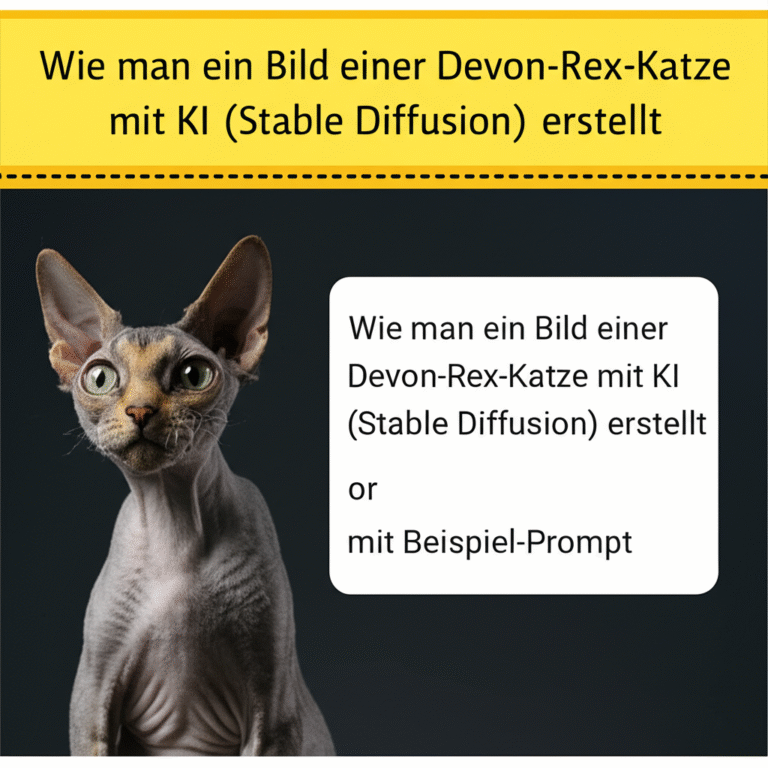 Wie man ein Bild einer Devon-Rex-Katze mit KI (Stable Diffusion) erstellt, mit Beispiel-Prompt