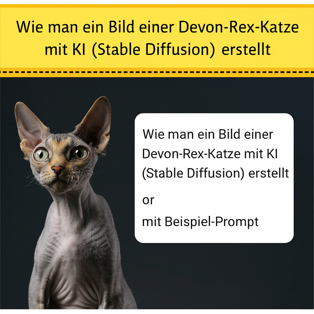 Wie man ein Bild einer Devon-Rex-Katze mit KI (Stable Diffusion) erstellt, mit Beispiel-Prompt