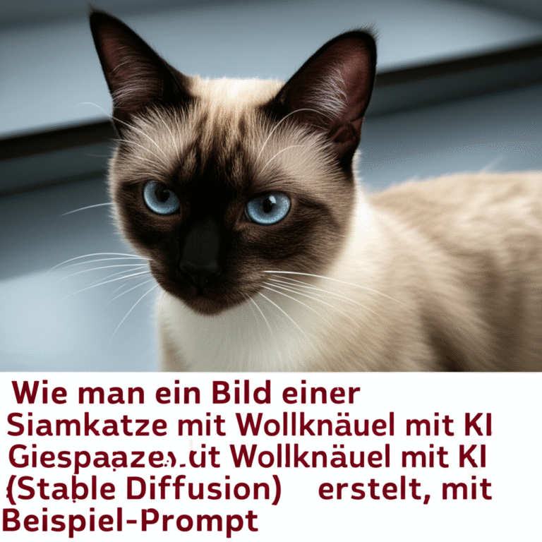 Wie man ein Bild einer Siamkatze mit Wollknäuel mit KI (Stable Diffusion) erstellt, mit Beispiel-Prompt