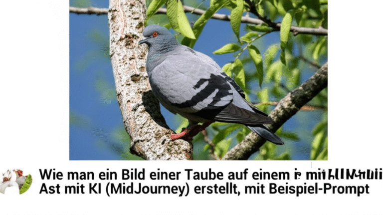 Wie man ein Bild einer Taube auf einem Ast mit KI (MidJourney) erstellt, mit Beispiel-Prompt