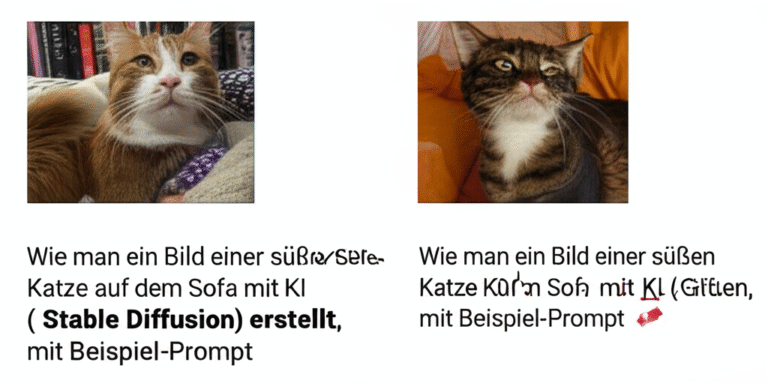 Wie man ein Bild einer süßen Katze auf dem Sofa mit KI (Stable Diffusion) erstellt, mit Beispiel-Prompt