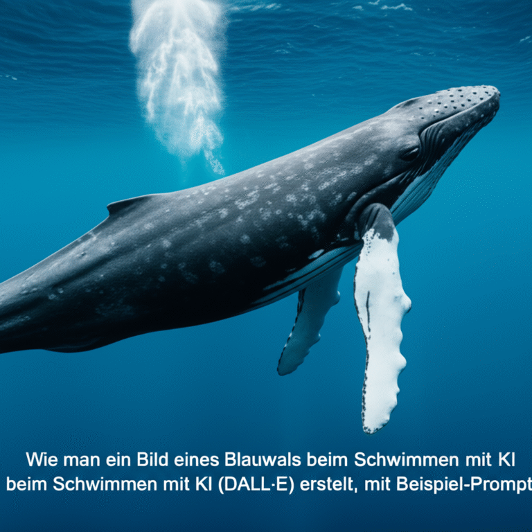 Wie man ein Bild eines Blauwals beim Schwimmen mit KI (DALL·E) erstellt, mit Beispiel-Prompt