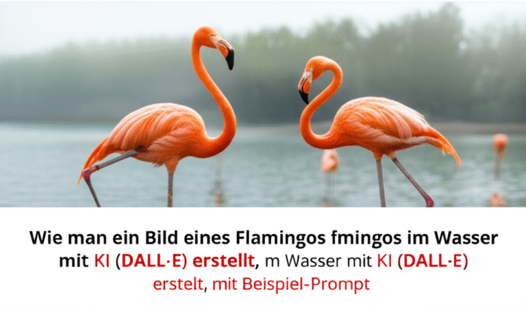 Wie man ein Bild eines Flamingos im Wasser mit KI (DALL·E) erstellt, mit Beispiel-Prompt
