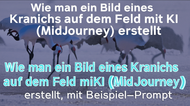 Wie man ein Bild eines Kranichs auf dem Feld mit KI (MidJourney) erstellt, mit Beispiel-Prompt