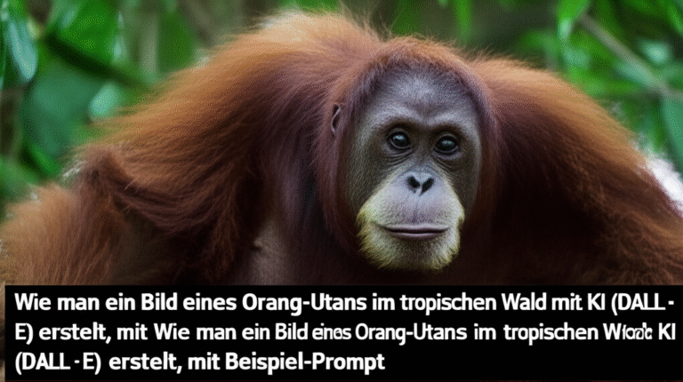 Wie man ein Bild eines Orang-Utans im tropischen Wald mit KI (DALL·E) erstellt, mit Beispiel-Prompt