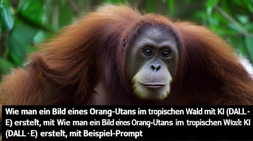 Wie man ein Bild eines Orang-Utans im tropischen Wald mit KI (DALL·E) erstellt, mit Beispiel-Prompt