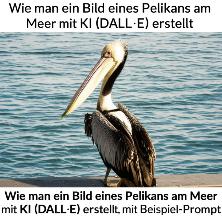 Wie man ein Bild eines Pelikans am Meer mit KI (DALL·E) erstellt, mit Beispiel-Prompt