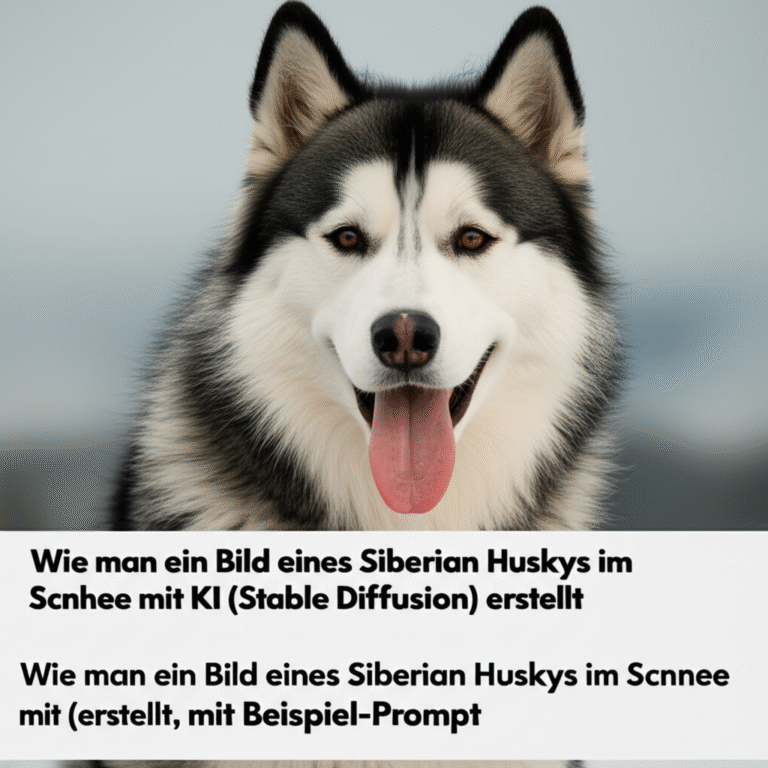 Wie man ein Bild eines Siberian Huskys im Schnee mit KI (Stable Diffusion) erstellt, mit Beispiel-Prompt