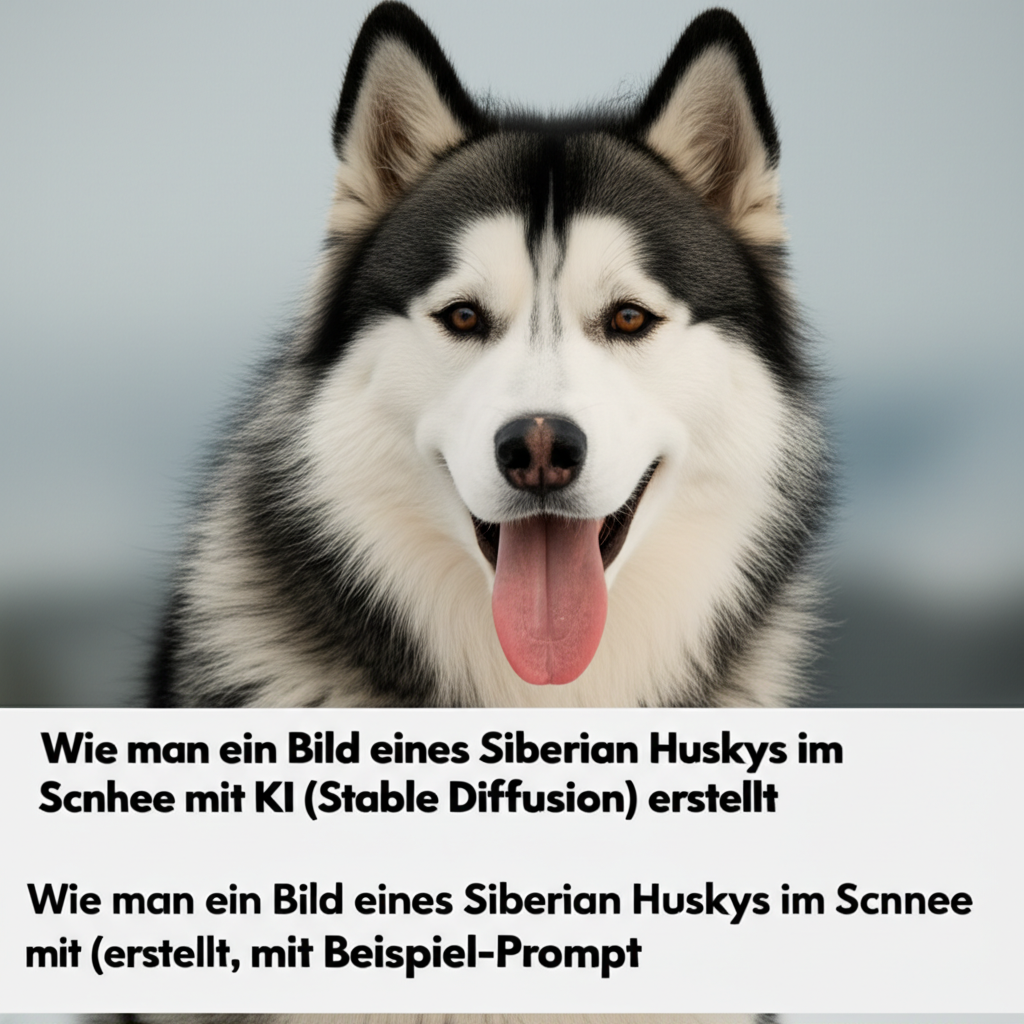 Wie man ein Bild eines Siberian Huskys im Schnee mit KI (Stable Diffusion) erstellt, mit Beispiel-Prompt