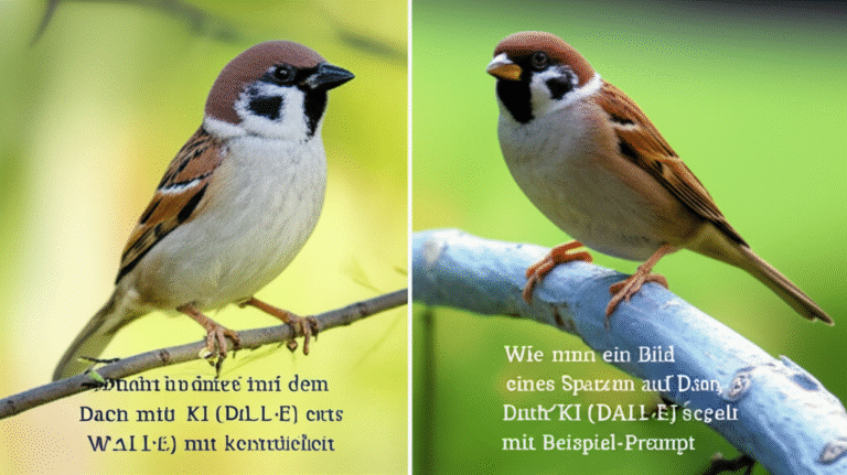 Wie man ein Bild eines Spatzen auf dem Dach mit KI (DALL·E) erstellt, mit Beispiel-Prompt