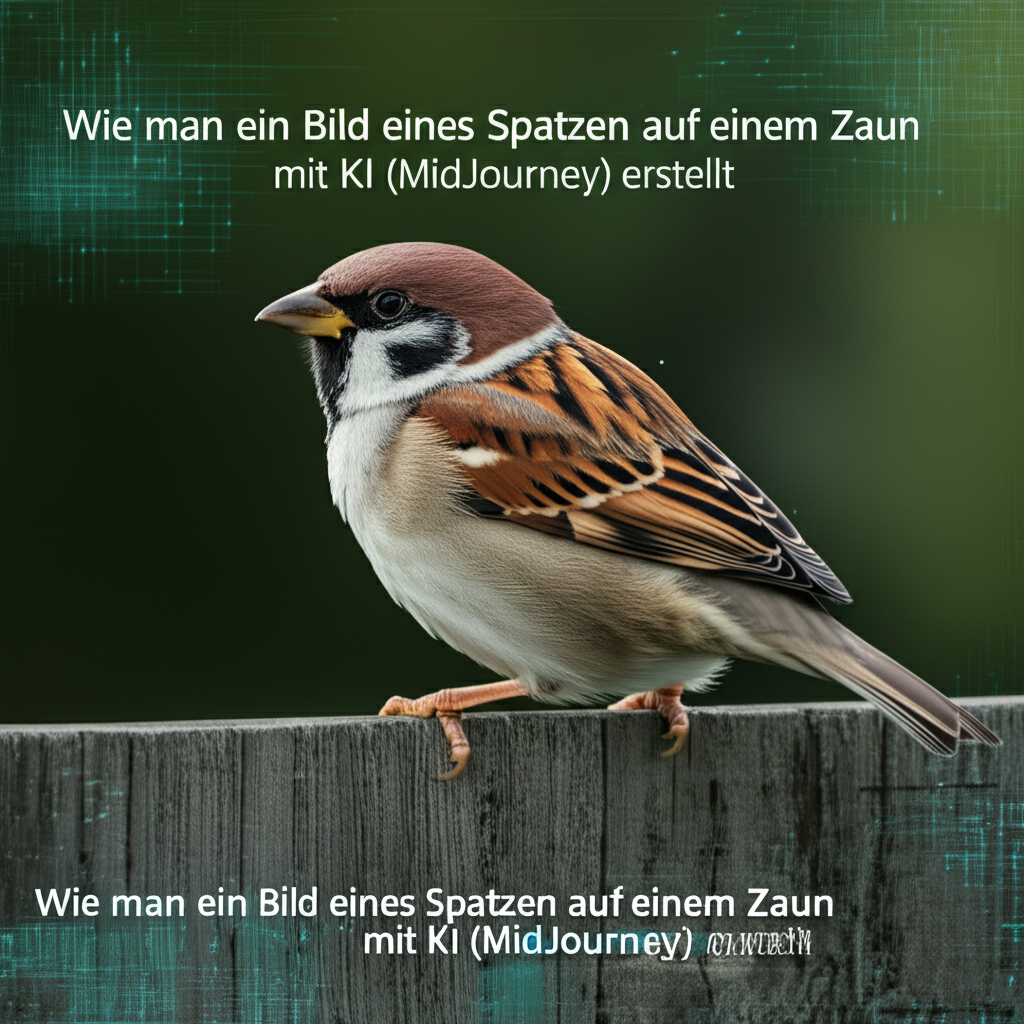 Wie man ein Bild eines Spatzen auf einem Zaun mit KI (MidJourney) erstellt, mit Beispiel-Prompt