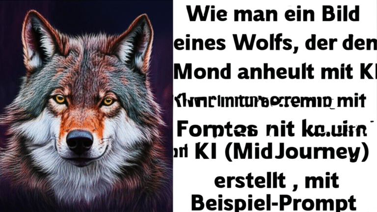 Wie man ein Bild eines Wolfs, der den Mond anheult mit KI (MidJourney) erstellt, mit Beispiel-Prompt