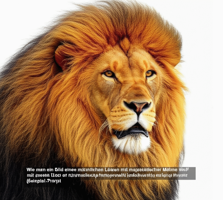 Wie man ein Bild eines männlichen Löwen mit majestätischer Mähne mit KI (Stable Diffusion) erstellt, mit Beispiel-Prompt
