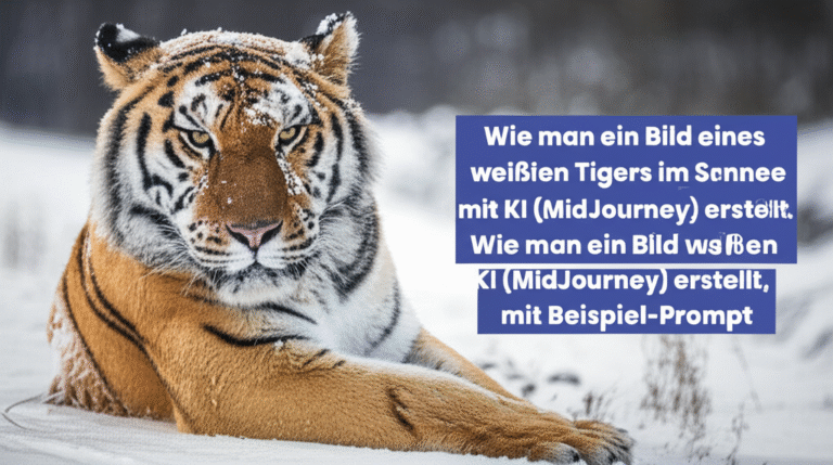 Wie man ein Bild eines weißen Tigers im Schnee mit KI (MidJourney) erstellt, mit Beispiel-Prompt